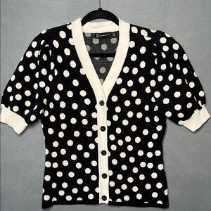 Short Sleeve Button Down Cardigan Sweater, black and white polka dot. women's M